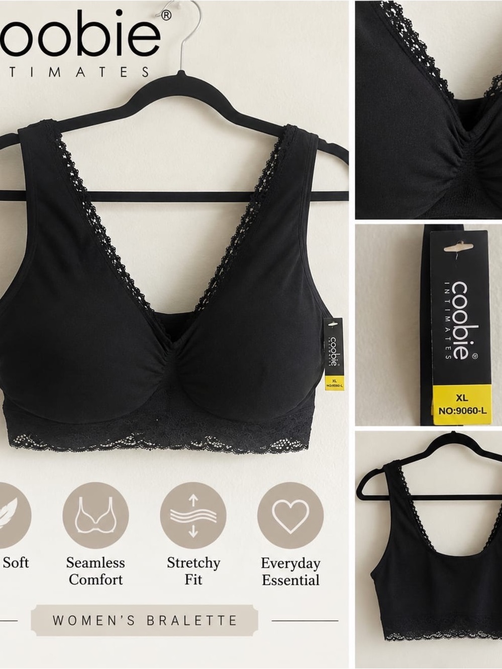 coobie Black Lace-Trim Seamless Bralette